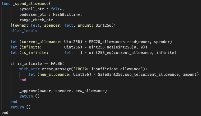 An example from the ERC-20 Cairo contract demonstrating support of variables, if statements, errors, and UINT256 library