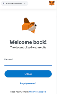 The login popup for the MetaMask software wallet, as a Chrome extension